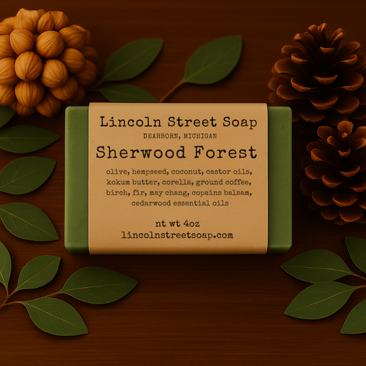 Sherwood Forest Bar Soap – Woodland Cedar, Fir & Birch | Detoxifying Chlorella + Exfoliating Coffee | Handmade Hempseed & Kokum Butter Soap