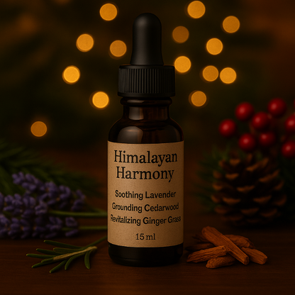 Himalayan Harmony Essential Oil Blend Soothing lavender, grounding cedar, revitalizing ginger grass.